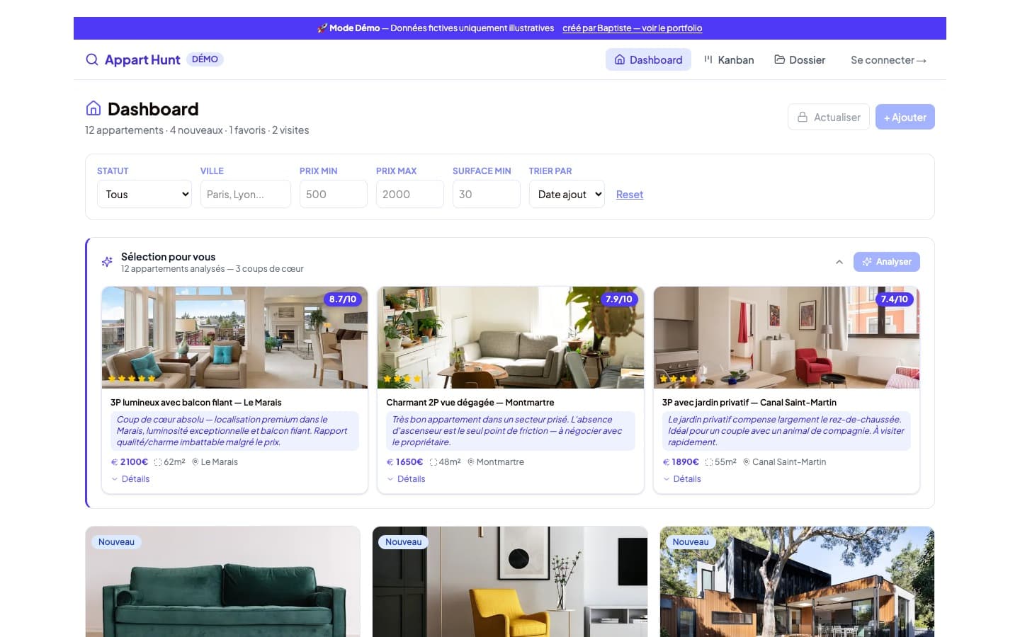 Dashboard — listings overview with scoring